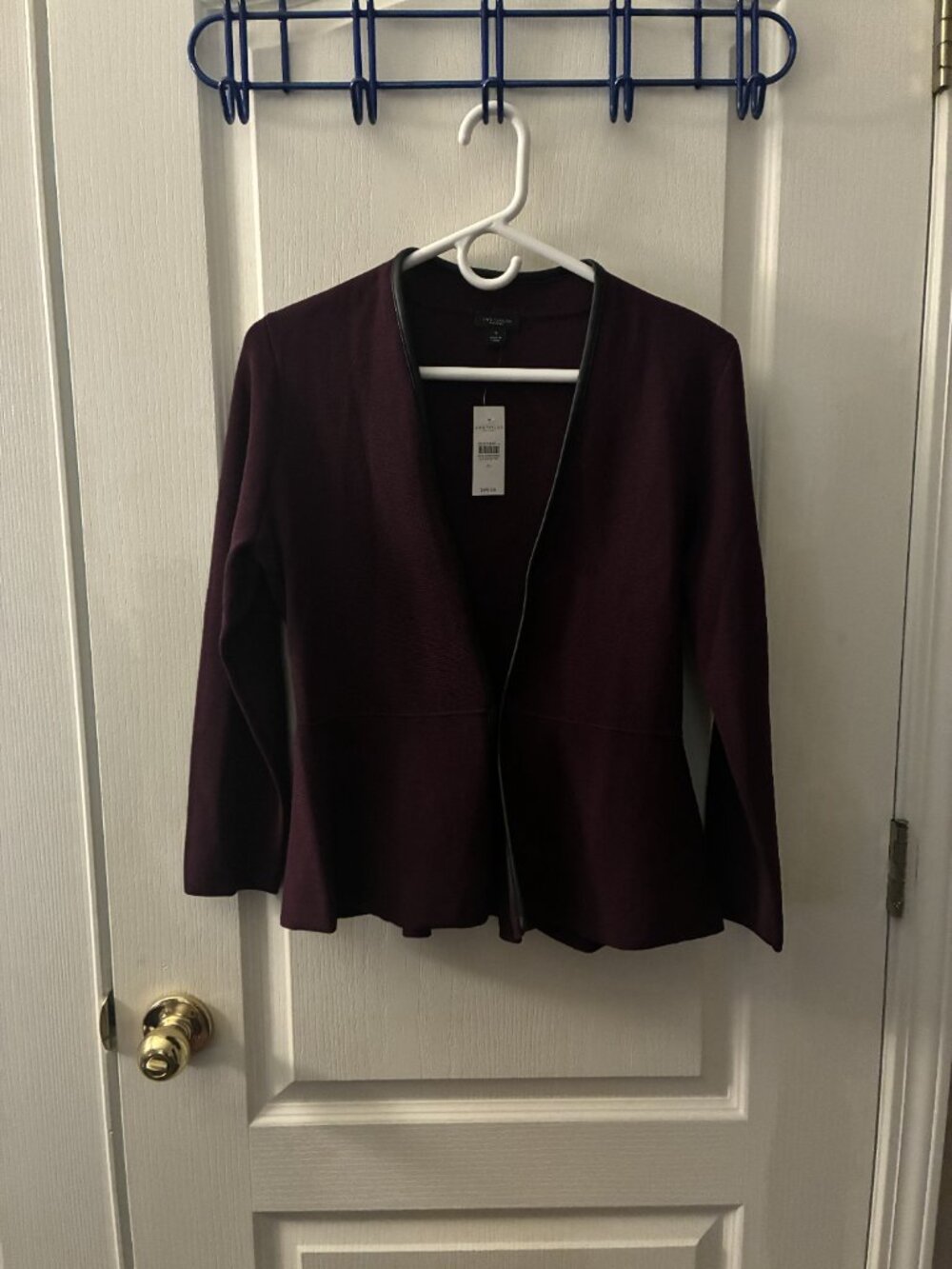 NWT Ann Taylor Plum Purple Peplum Cardigan with Faux Leather Trim